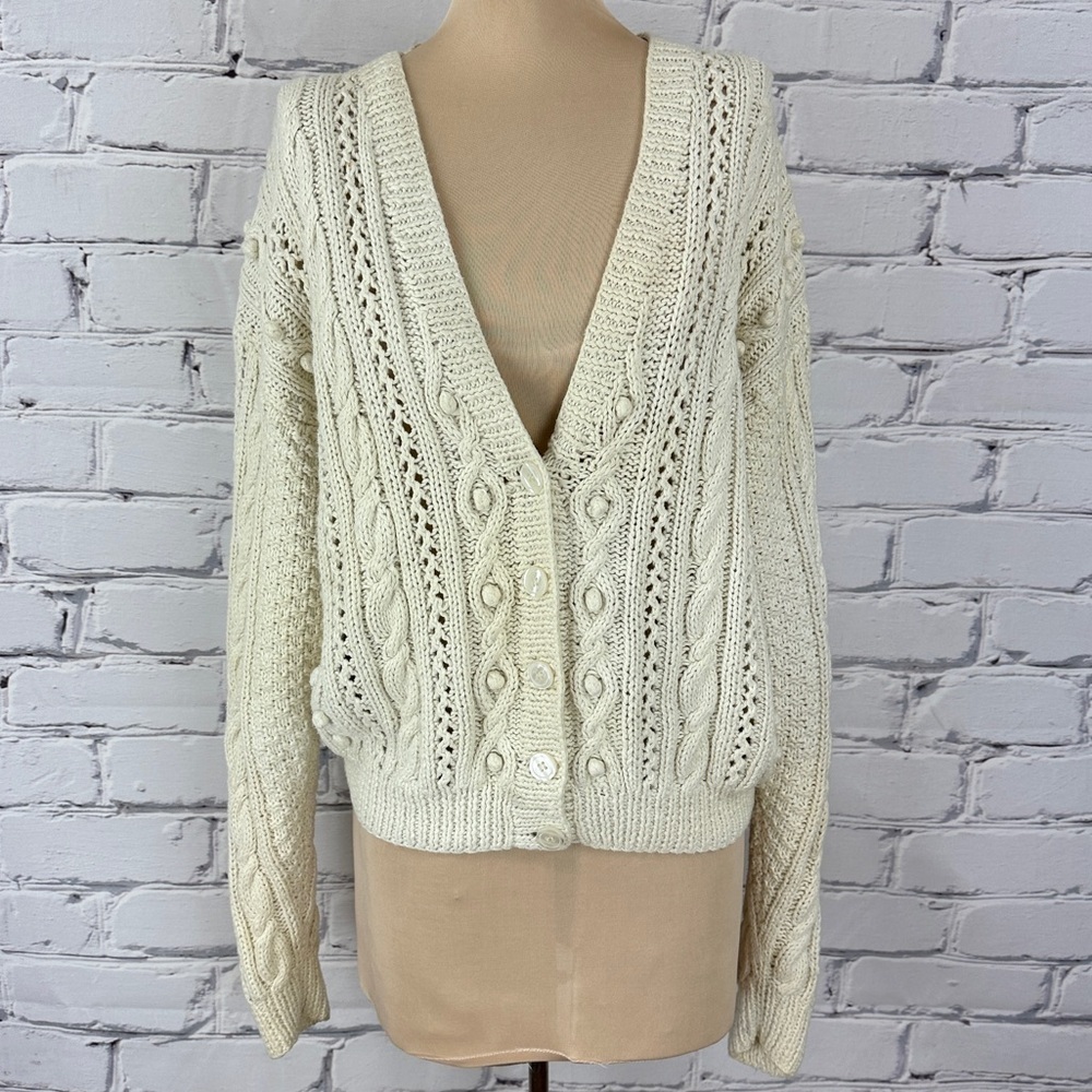Vtg Distinction Hand Knitted Cardigan Sweater Cable Knit Med Cottagecore Granny